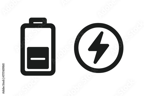 Minimalist battery icon set with energy symbol. Vector power level indicator for UI design. Low charge status, electricity and accumulator concept. Flat illustration for web and app.