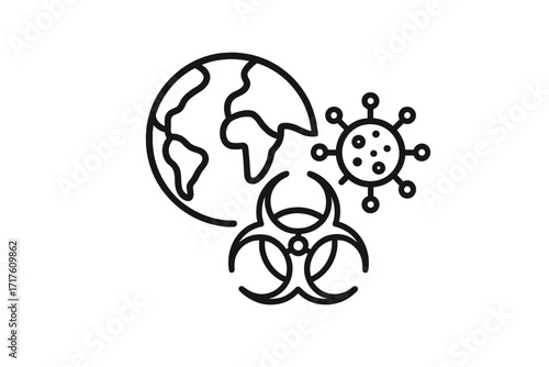 Thin line vector illustration of Earth globe with biohazard symbol and virus icon. Pandemic, epidemic, coronavirus, COVID-19 danger, biowarfare hazard concept, global infection symbols.