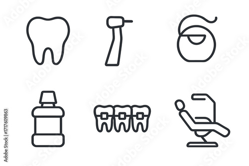 Dental icon set. Line art vector icons of tooth, dentist drill, floss, mouthwash, braces, and chair. Oral hygiene, stomatology, and orthodontics concept symbols.