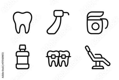 Dental care icon set. Line art symbols for dentistry, oral hygiene, orthodontics. Vector pictograms of tooth, drill, floss, mouthwash, braces, chair. Medical healthcare.