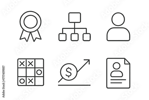 Business success and corporate management vector line icon set. Includes award, organization chart, user profile, strategy game, finance growth chart, and HR resume document.