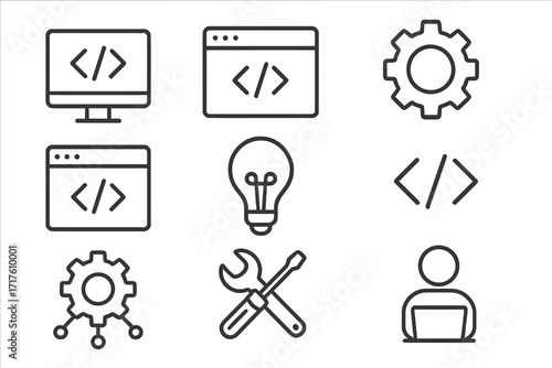 Minimalist programming and software development icons set. Outline vector symbols for web design, coding, app development, UI, UX, settings, idea, and technology concepts.