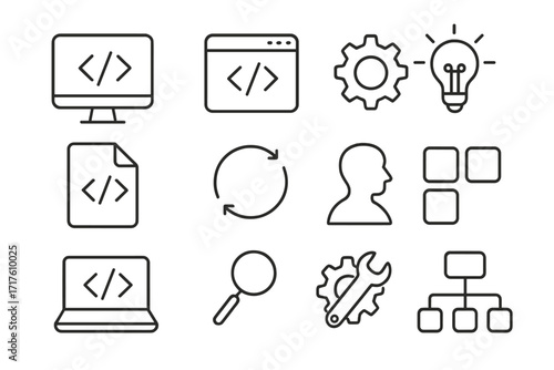 Programming and software development line icon set. Vector outline pictograms for web, app, UI, UX. Includes code, algorithm, user, settings, search, and process symbols.