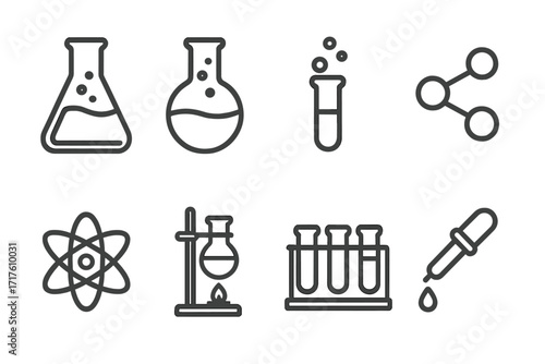 Science and chemistry line icon set. Laboratory equipment vector collection. Research, experiment, and education symbols. Flask, test tube, atom, molecule, and pipette icons.