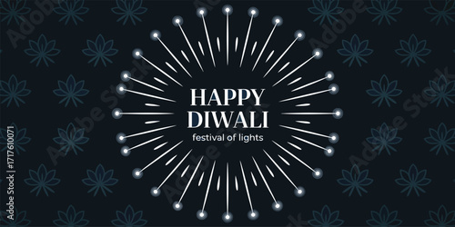 Radiant Diwali burst with stylized floral fireworks and bold festive typography on dark background celebrating the Hindu Festival of Lights 