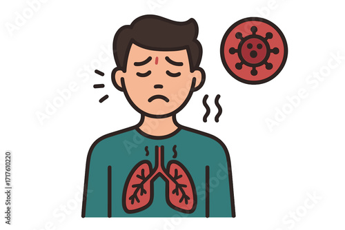 Person infected with virus icon, coronavirus COVID-19 pandemic concept, infected lungs, pneumonia, cold, flu symptoms, respiratory illness, health warning, vector illustration