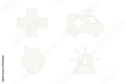 Minimalistic emergency healthcare icons set with ambulance, medical cross, heart with ECG pulse, and flashing siren on transparent background, vector cartoon illustration for medical themes