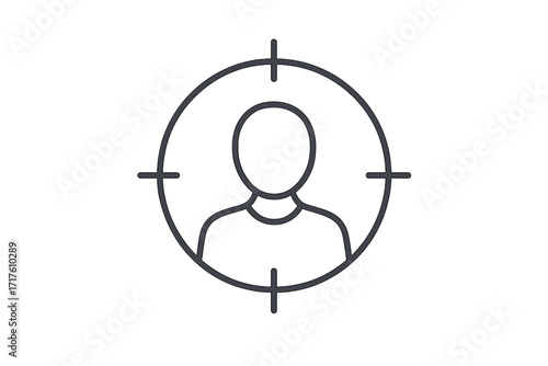 Human target icon with person silhouette, focused aim symbol for job search, human resources, recruitment, target market concept, business vector illustration, career focus, employee selection