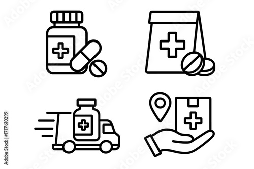 Pharmacy delivery icons set medical prescription and logistics line art collection vector illustration with transparent background package pill bottle fast shipping hand holding location healthcare