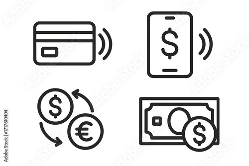 Modern financial icon set featuring contactless payment with credit card and smartphone, currency exchange symbols dollar and euro, cash and coin money vector outline design