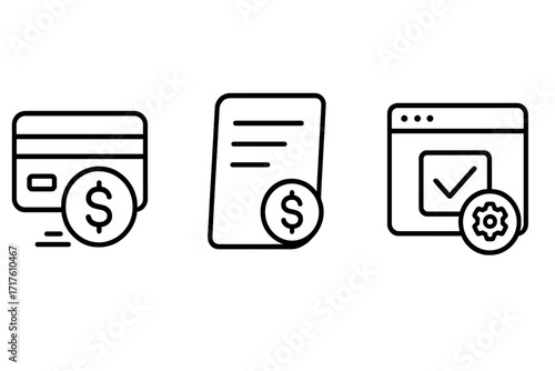 SaaS billing icons set with linear style, payment processing, invoice management, subscription control, financial transaction symbols, transparent vector illustration, ordered collection