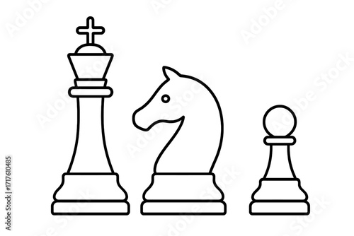 Set of chess pieces king knight and pawn. Vector thin line icon for chess game strategy, business teamwork, management planning, intellectual competition concept.