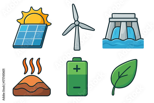 Renewable energy icons set with solar panel and sun, wind turbine, hydro power dam, geothermal heat, green battery, eco leaf vector cartoon illustrations on transparent background