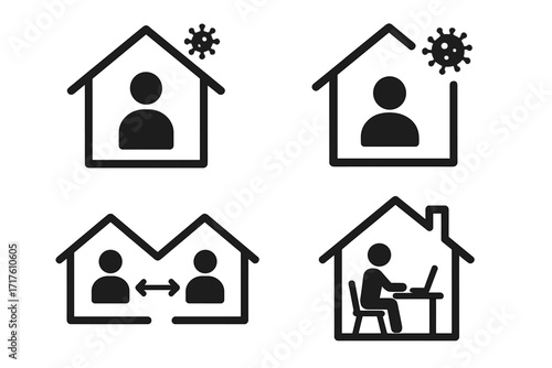 Stay home stay safe coronavirus covid-19 pandemic lockdown vector icon set for social isolation, quarantine, safety, social distancing, remote work, home office, viral prevention