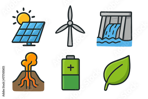 Set of renewable energy icons including solar panel with sun, wind turbine, hydroelectric dam, geothermal volcano, green battery, and eco friendly leaf, vector cartoon illustration