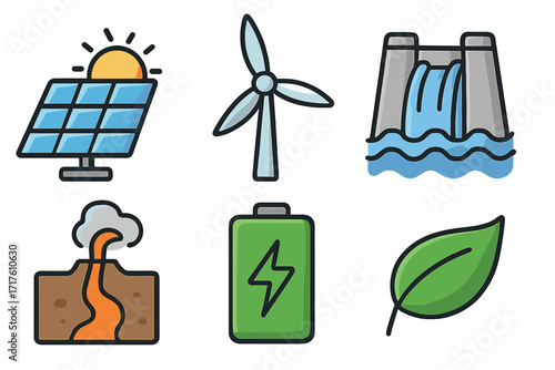Renewable energy icons set with solar panel, wind turbine, hydroelectric dam, geothermal vent, green battery, eco green leaf symbol, cartoon vector illustration, transparent background