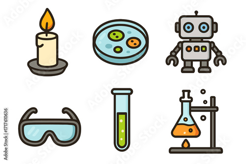 Science icons set with candle flame, petri dish culture, robot character, safety goggles, test tube experiment, and laboratory flask equipment, vector cartoon illustration with transparent background