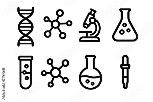 Science and genetics icon set with DNA helix, molecular structures, microscope, test tubes, flasks, and pipette in simple black and white vector design for laboratory and research illustrations