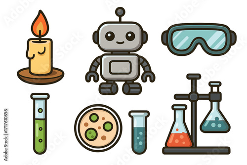 Science icon set with candle, petri dish, robot, goggles, test tubes, and laboratory glassware, cartoon vector illustration with transparent background, educational and research symbols collection