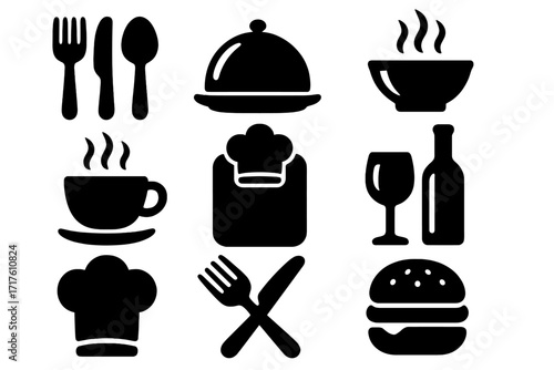 Silhouette icons of dining utensils, culinary essentials, chef hat, hot soup, coffee cup, wine bottle and glass, burger, and cloche dome for restaurant, food service, and kitchen vector illustration