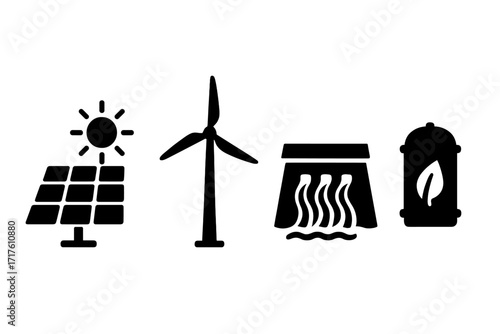 Silhouette icons of renewable energy sources solar power wind turbine hydroelectric energy biofuel container vector cartoon illustration transparent background ordered set