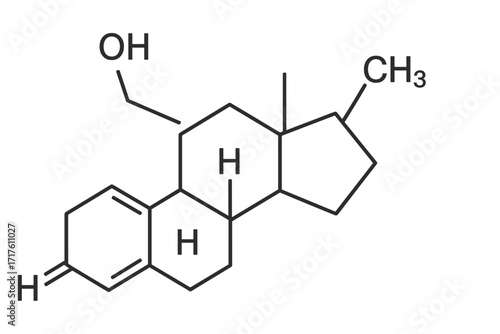 Vector thin line icon of dehydroepiandrosterone molecular structure, chemical formula of DHEA, steroid hormone vector illustration, transparent background, scientific diagram, organic compound