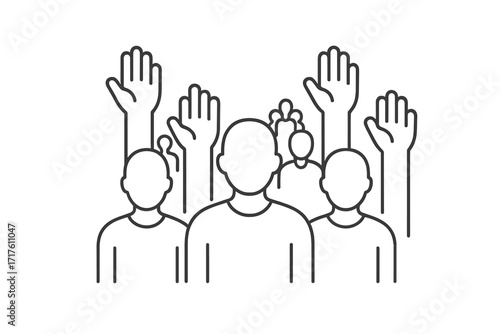 Volunteers and charity work concept vector illustration with raised helping hands and crowd of people ready to contribute, social care community support, teamwork and aid