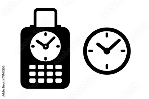 Time clock icon and wall clock illustration, linear style black silhouette vector graphic with transparent background, office and work time management concept, punctuality and schedule