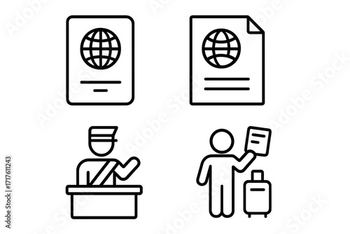 Travel essentials icons set with passport, visa, customs officer, and traveler declaration, linear style vector illustration for global travel, tourism, and border control concepts