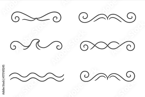 Set of elegant wave and water swirl line art icons, linear style decorative water symbols, vector design elements for nautical and ocean themes, minimalist ornamental motifs