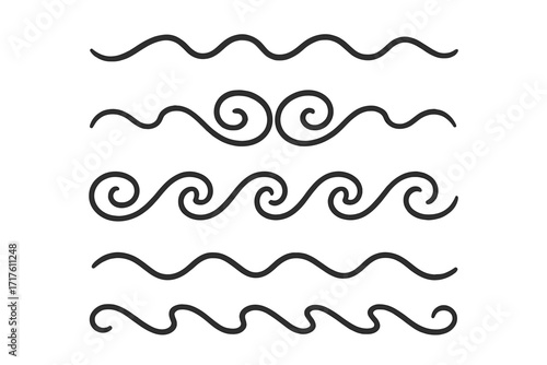 Tsunami wave icon set, water symbol collection in linear style, vector cartoon illustration with transparent background, ocean waves design element pack, sea water flow graphics