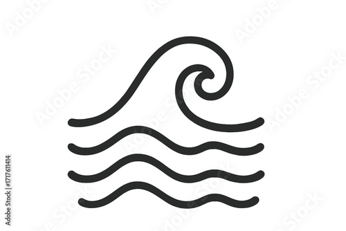 Abstract black wave symbol with flowing water lines, ocean sea wave icon, minimalistic line art design, water element vector illustration, ocean nature energy concept