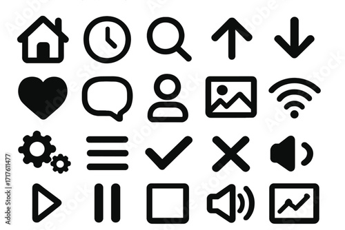 Simple black interface icons for web and mobile design, vector cartoon illustration with transparent background, ordered set of essential UI symbols for digital applications and user experience