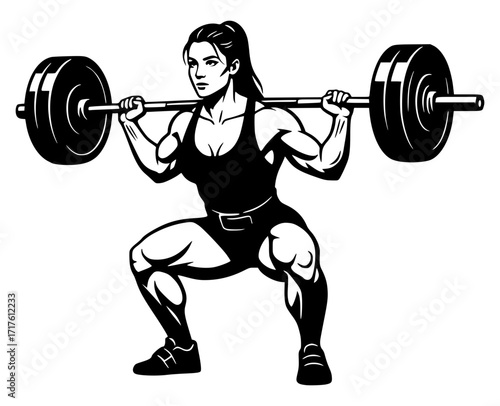 Female bodybuilder squatting with a heavy barbell, strength, fitness, weightlifting, gym, workout