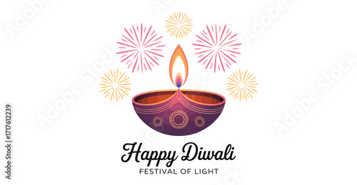  Ornate Diwali diya with radiant flame, circular patterns, and colorful fireworks on purple background celebrating the Festival of Light
