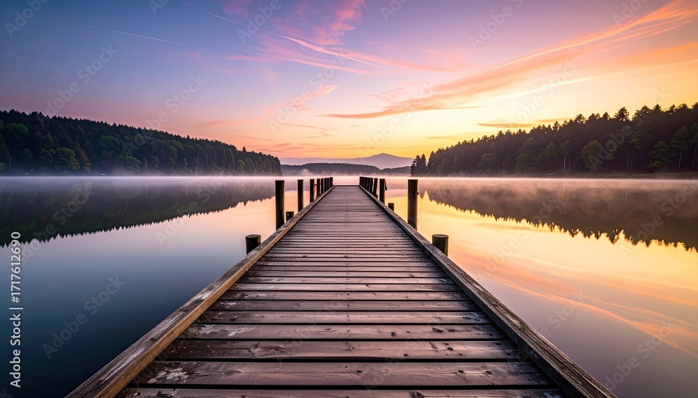 Obraz premium Misty Lake Scenery with Wooden Pier Reflecting Sunrise in Calm Water Surface with Forest Background and Warm Sky in Morning Light