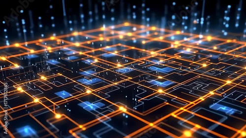 Futuristic circuit board with glowing lines, viewed from a high angle. The digital video style emphasizes a tech-driven, modern concept.