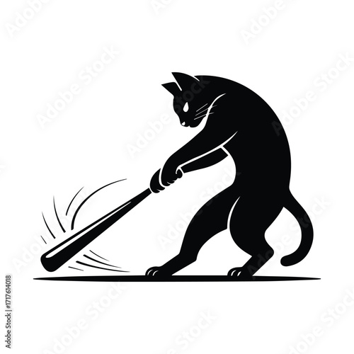 Black cat in silhouette swinging a baseball bat with great intensity silhouette