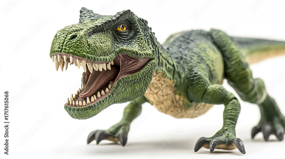 Obraz premium Menacing T-Rex figurine with sharp teeth, isolated and striking, conveying primal ferocity and raw power.