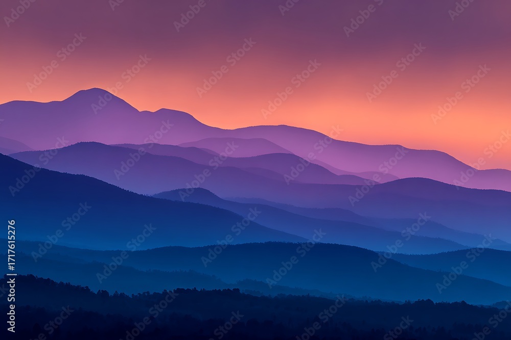Fototapeta premium A breathtaking vista of layered mountain ranges, bathed in a spectrum of purples and blues at sunrise.