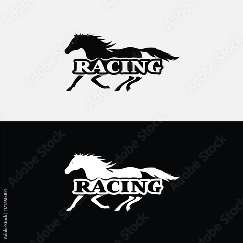 A striking logo features a horse in full stride, accompanied by the word racing, capturing the essence of speed and competition, isolated on white background the horses powerful