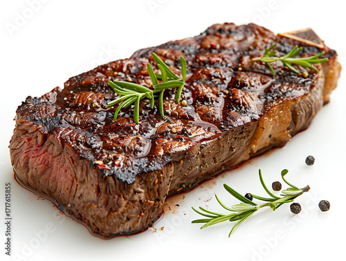 A juicy grilled steak served on a white plate, garnished with herbs and tomatoes, AI generated