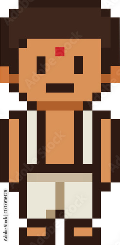 Pixelated Indian man with traditional clothing and a bindi brings vintage game nostalgia to your project