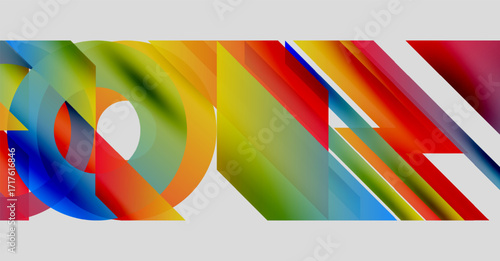 Abstract colorful shapes overlap. Vivid gradients create dynamic visual effect. Modern design, bright hues dominate composition.