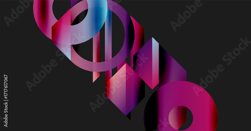 Abstract shapes overlap, creating vibrant gradients. Pink, purple, blue hues dominate dark background. Modern design elements present.