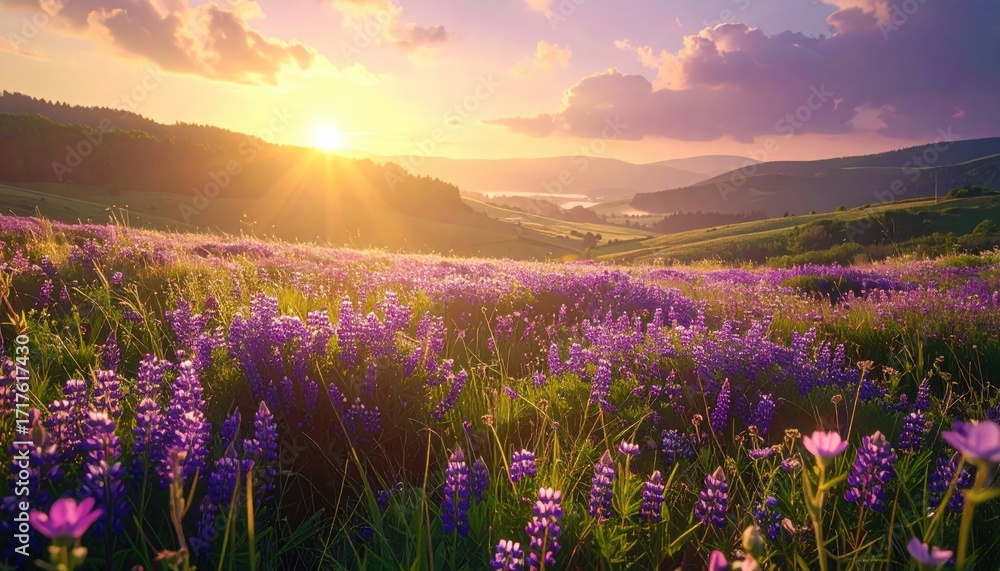 Naklejka premium Golden Sunset Over a Lavender Meadow with Rolling Hills and Dramatic Sky