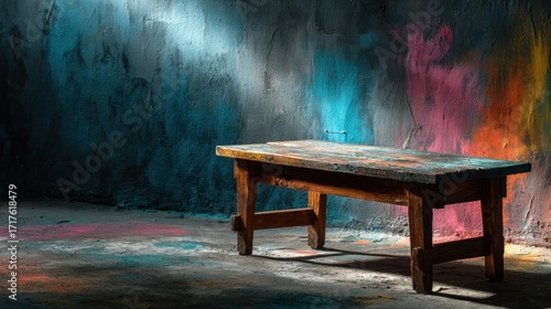 Wooden Table Against Black Wall in Dark Room with Vibrant Colors