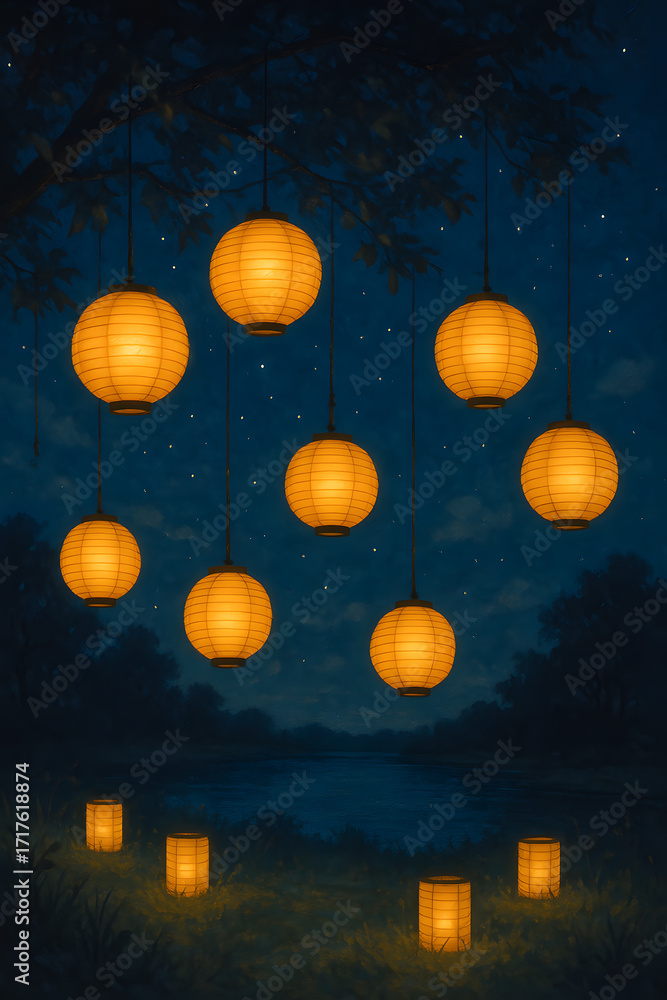 Fototapeta premium Night scene with lanterns and lake