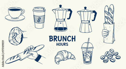 Artistic sketch of brunch and coffee items