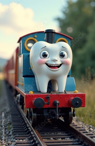 a tooth figurine. The tooth is traveling by train. The tooth is a traveler. dental clinic.